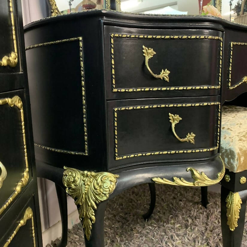 Carved Dressing Table With Mirror and Stool