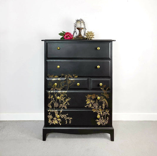 Stag tallboy drawers, black and gold stag chest of drawers, vintage chest of drawers