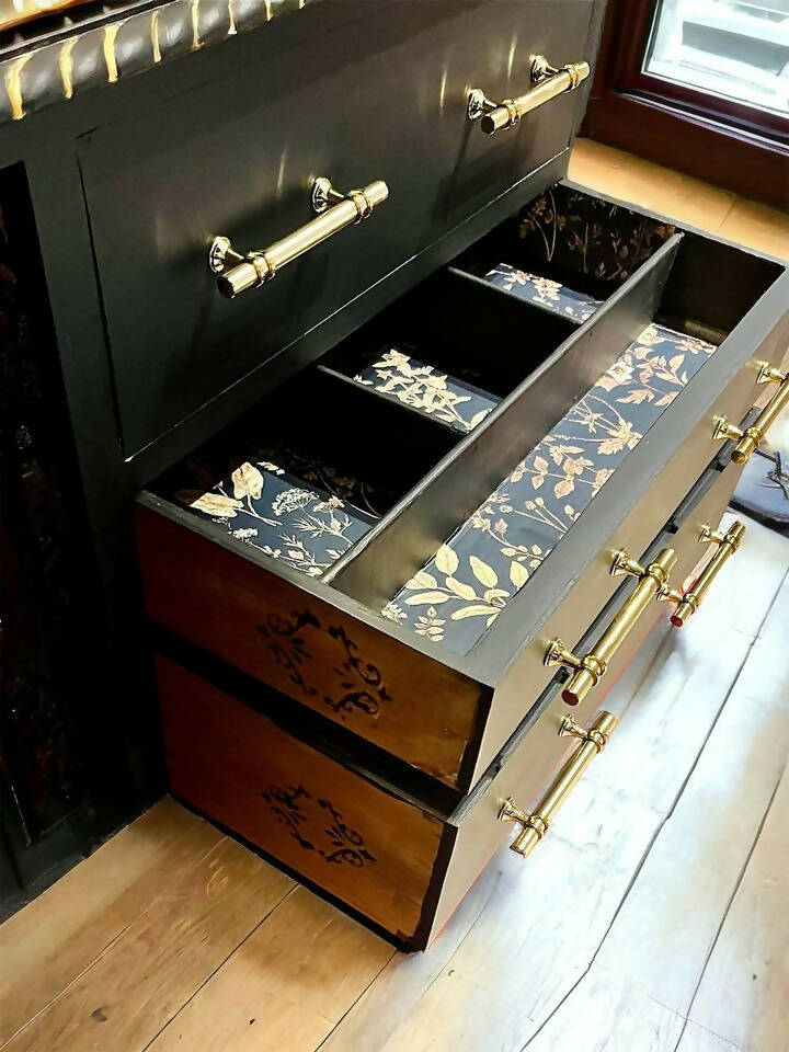 black and gold decoupage sideboard