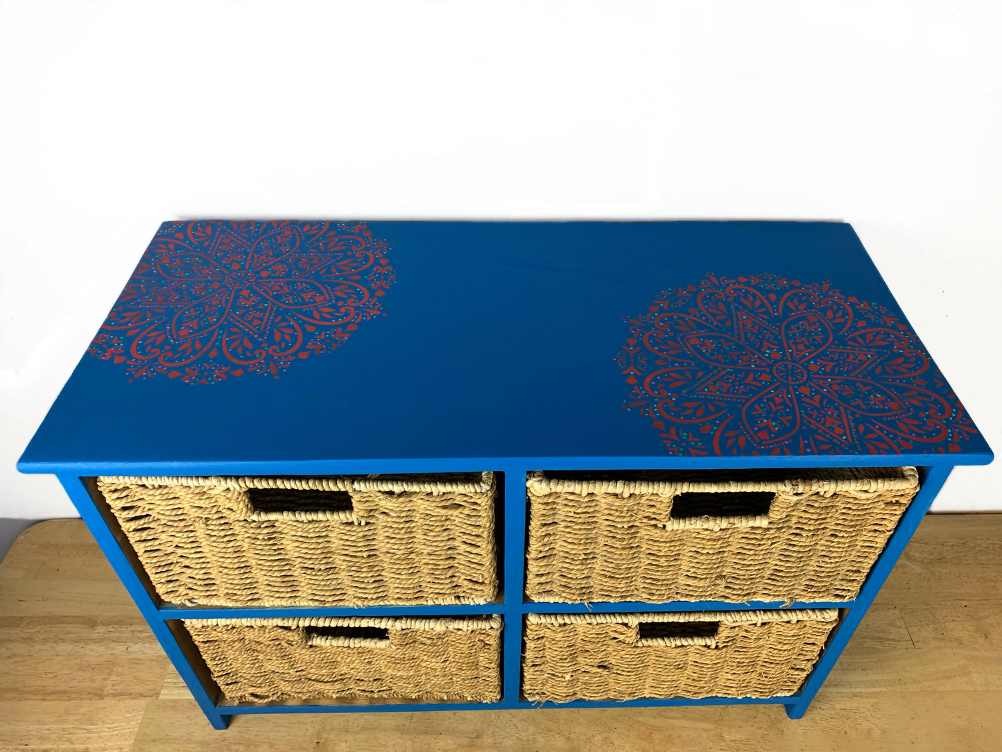 Boho Mandala Wicker Storage Unit With 4 Drawers, Sea Grass Shoe Storage