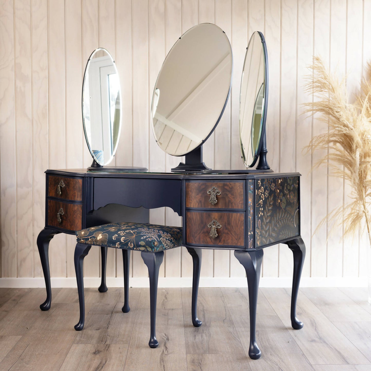 One of a kind blue vintage Queen Anne stye dressing table decoupaged in a stunning Verbena Kew Gardens fabric. Sold, commission available.