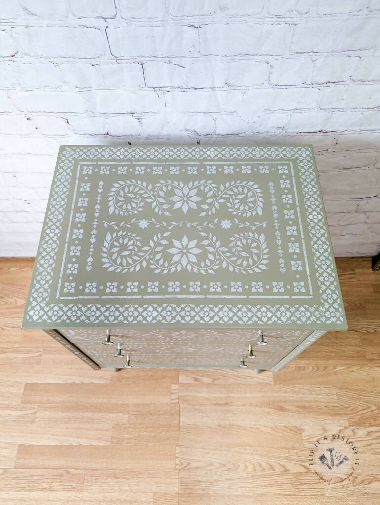 Faux Bone Inlay Stencil Hand-Painted Vintage Chest of Drawers, Pearlescent MADE TO ORDER