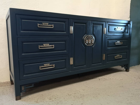 Solid Wood Deep Blue Oriental Carved Sideboard