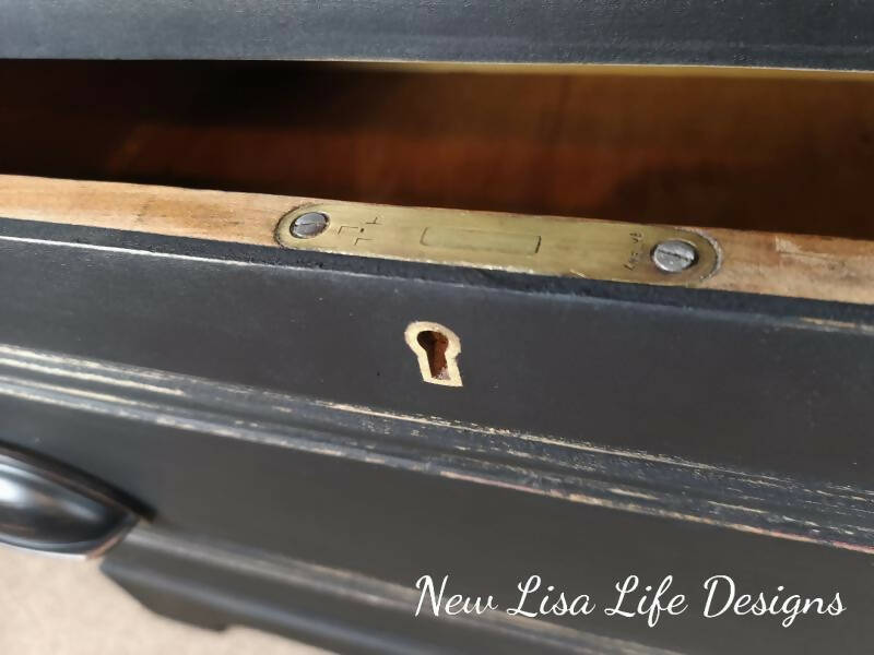 Black With Hand Painted "Marble" Effect Top. 3 Drawer Edwardian Chest. Cup Handles.