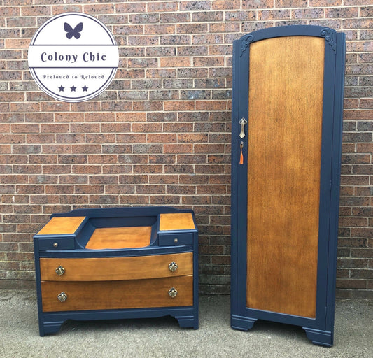 Vintage Bedroom furniture by Harris Lebus- painted Navy Blue Single Wardrobe & Dresser Drawers