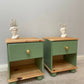 Green bedside tables with gold handles, 'Breakfast Room Green' from Farrow&Ball