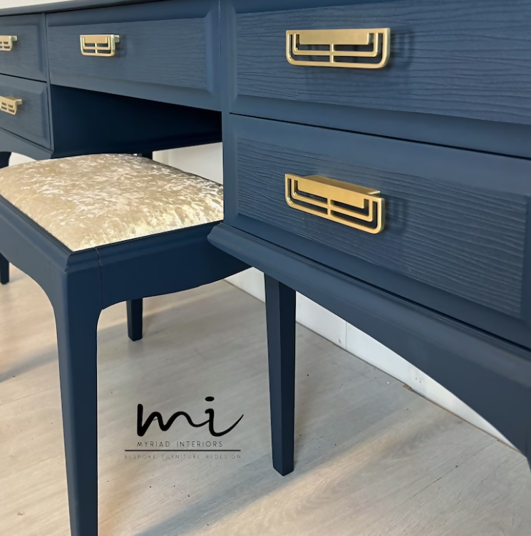 Refurbished vintage Stag Minstrel dressing table set mirror stool mid century vanity navy blue dresser SOLD commissions available
