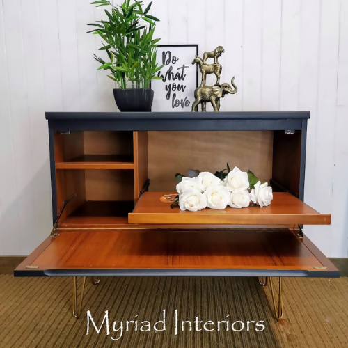 Mid Century Nathan Sideboard, console, cocktail cabinet, storage, cupboard. Dark grey and gold metal leaf, hairpin legs