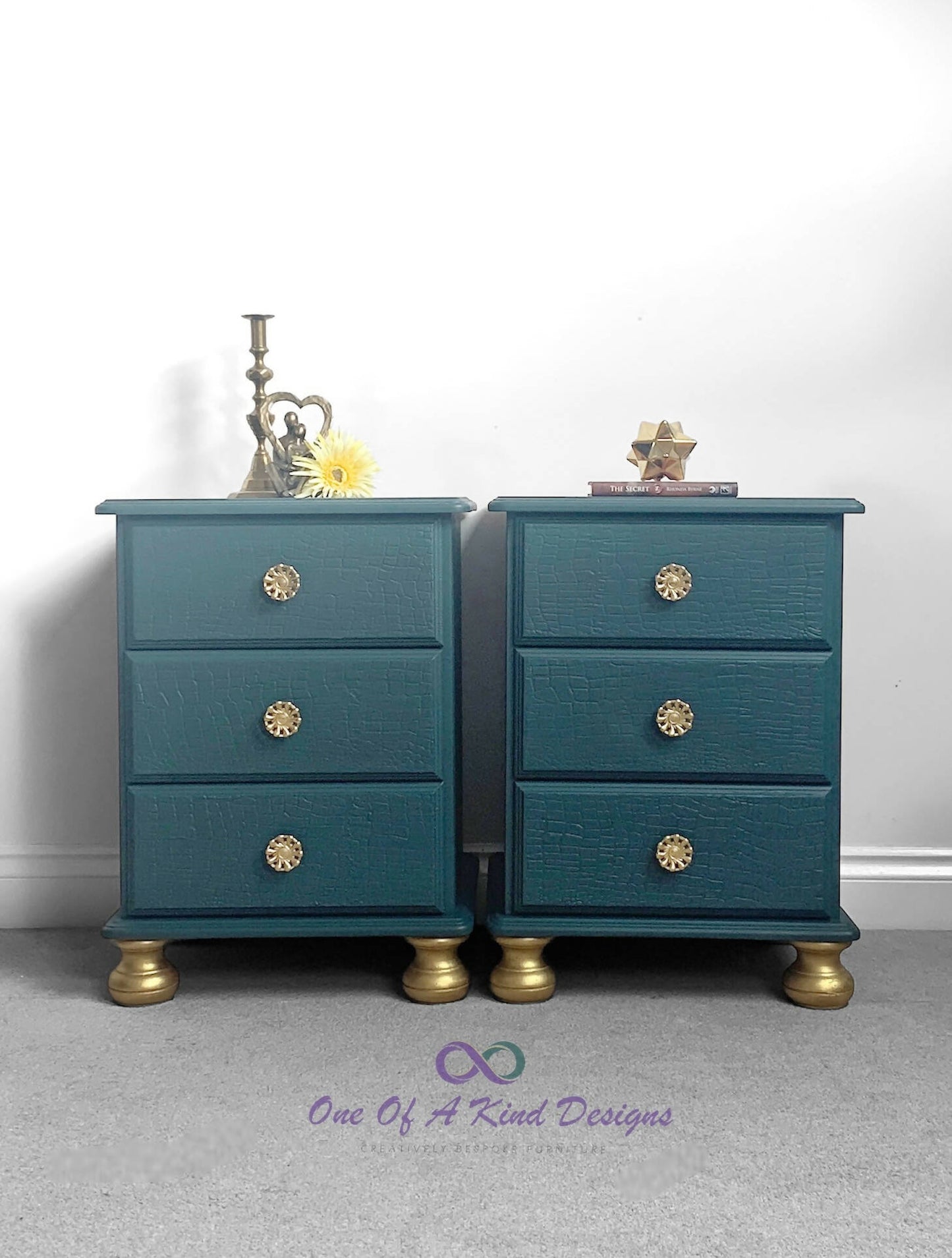 Green and Gold Mock Croc Bedside Tables, pair