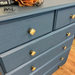 Solid pine deep teal chest of drawers, gold handles, decoupaged, blue, refurbished, upcycled, dresser, storage, sideboard, wood - commissions available