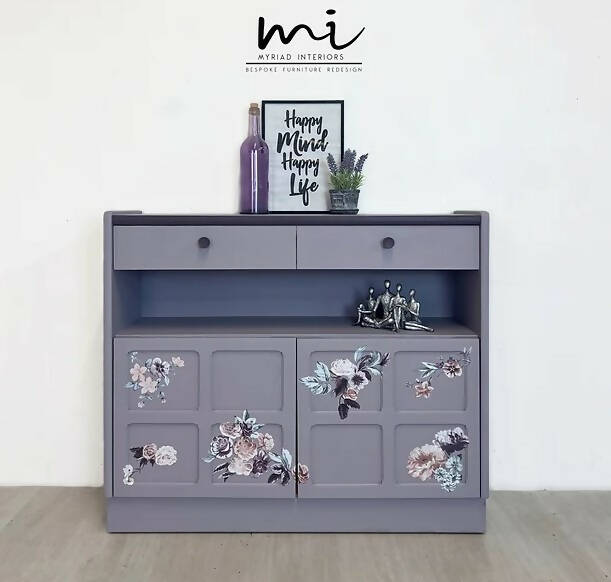 Upcycled Floral Nathan Squares Lilac Sideboard / Vintage Drinks Cabinet