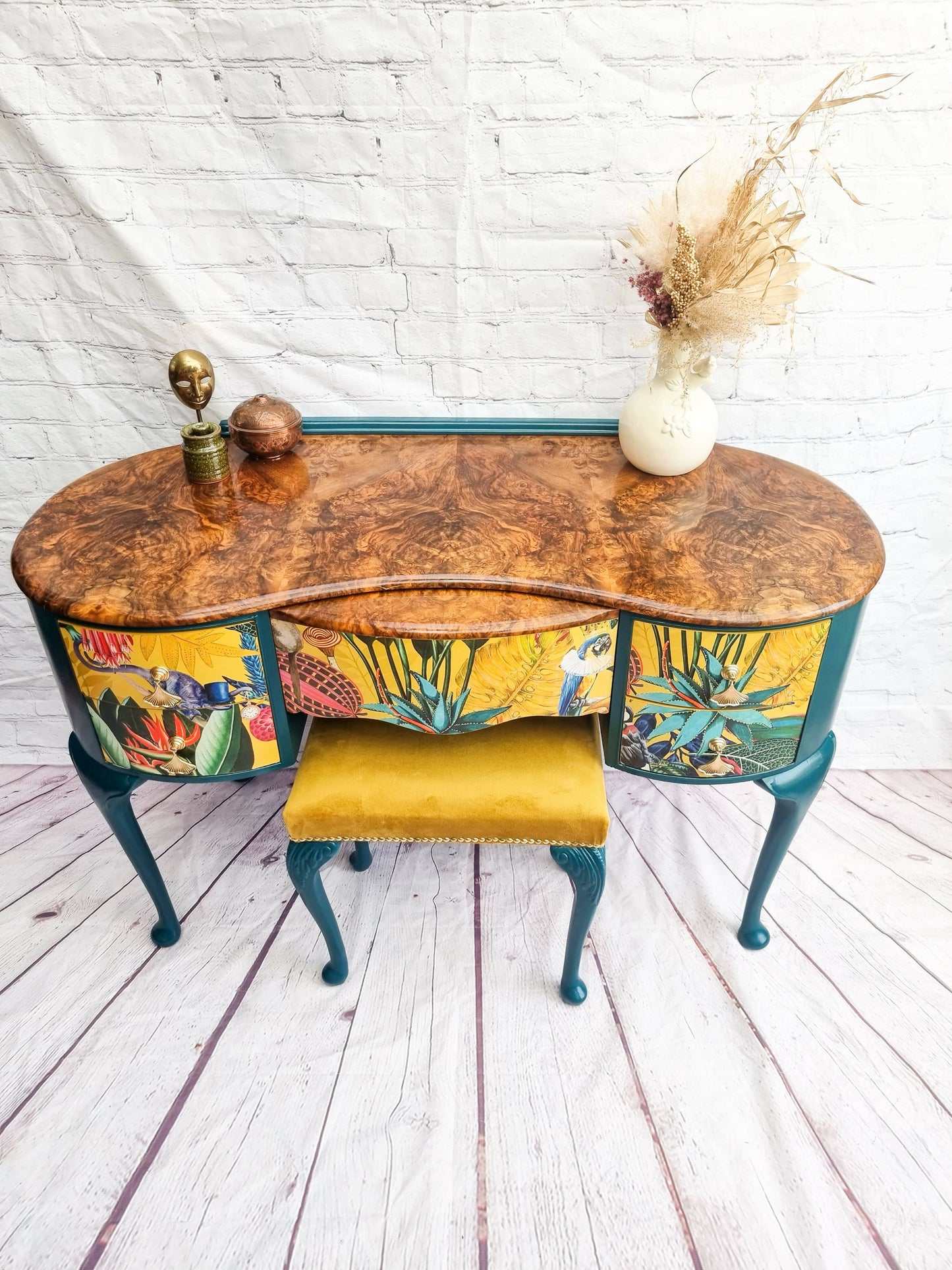 Queen Anne Painted Burr Walnut Bedroom Set - Dressing Table, Vanity, Desk, Sideboard and Stool, Statement, Maximalist MADE TO ORDER