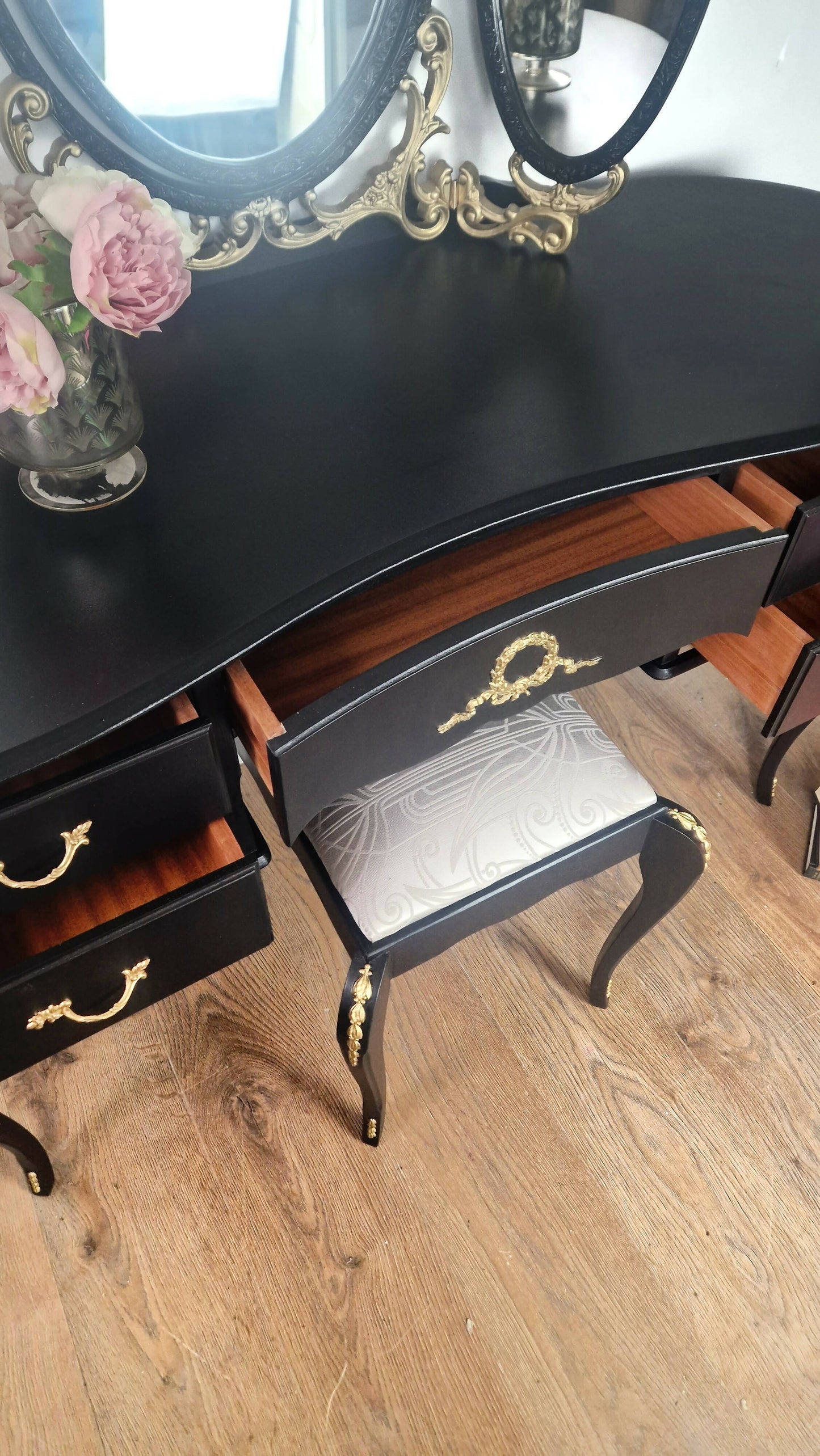 Vintage Black Carved French Dressing Table & Stool