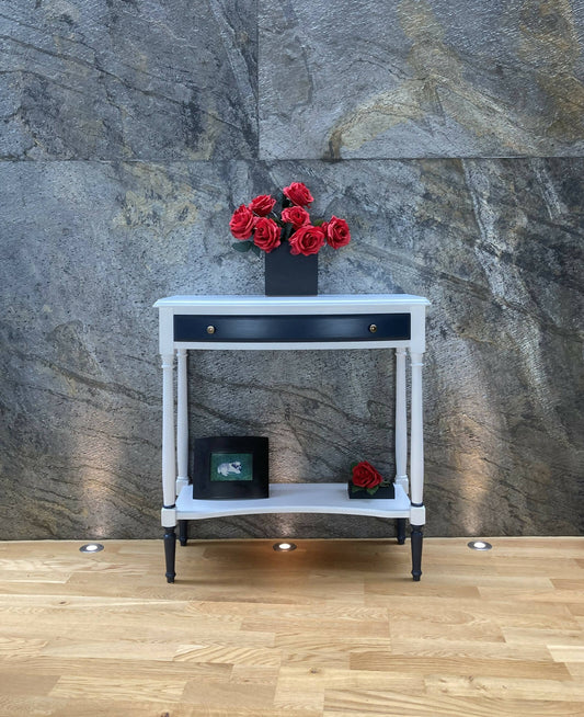 Vintage console table. Hallway table hand painted in Wise Owl Enamel colours white and navy (Eliza)