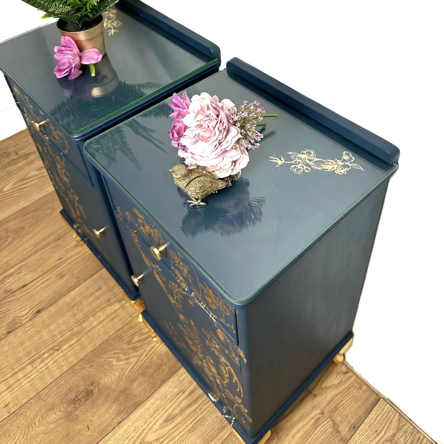 Pretty Refurbished vintage bedside tables, navy blue with gold foil design, bird song, art deco nightstands