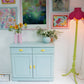 Vintage Pine Retro Sideboard, Teal Kitchen Cupboard Tropical Interior, 1970s Pastel Dopamine Decor Storage Unit, Yellow Cup Handles