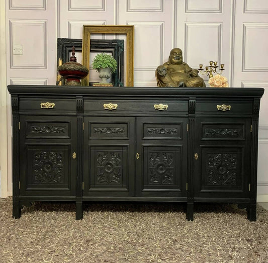 Large Black Antique Carved Sideboard