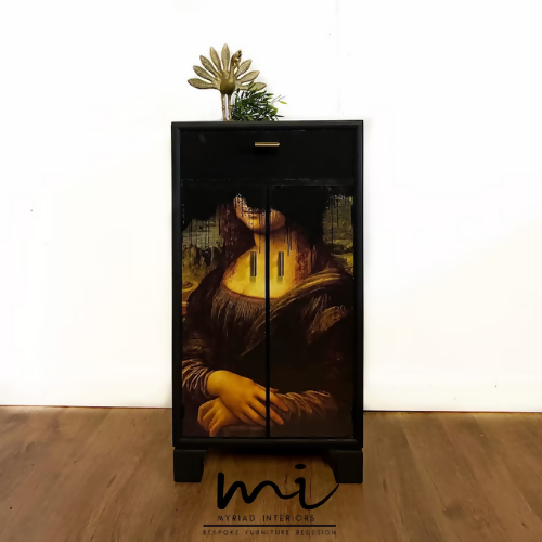 Upcycled drinks cabinet, cocktail, hand painted, Mona Lisa, decoupage, gin bar, black - commissions available