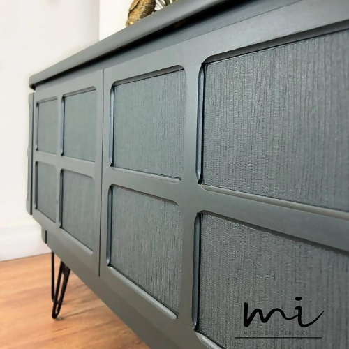 Refurbished mid century modern Nathan sideboard, retro drinks cabinet, TV media cabinet, dark green, decoupaged