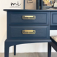 Refurbished vintage Stag Minstrel dressing table set, mirror, stool, mid century vanity, navy blue, dresser - SOLD commissions available