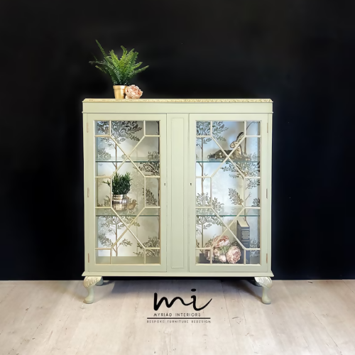 Vintage display cabinet, glass, pale sage green and gold. Drinks cocktail cabinet, sideboard, cupboard - commissions available