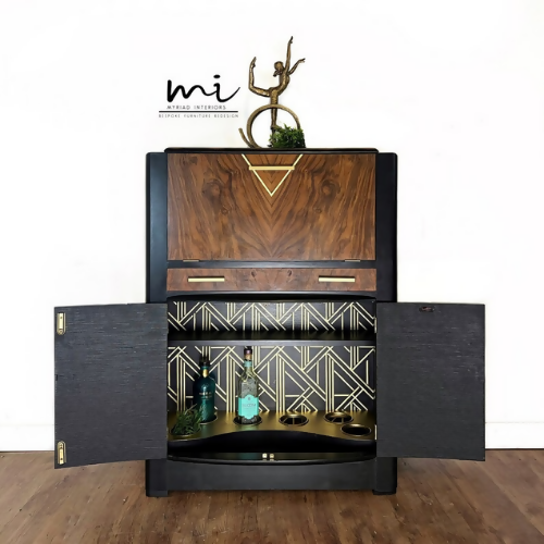 Refurbished Art Deco cocktail cabinet, walnut drinks cabinet, black and gold, gin bar