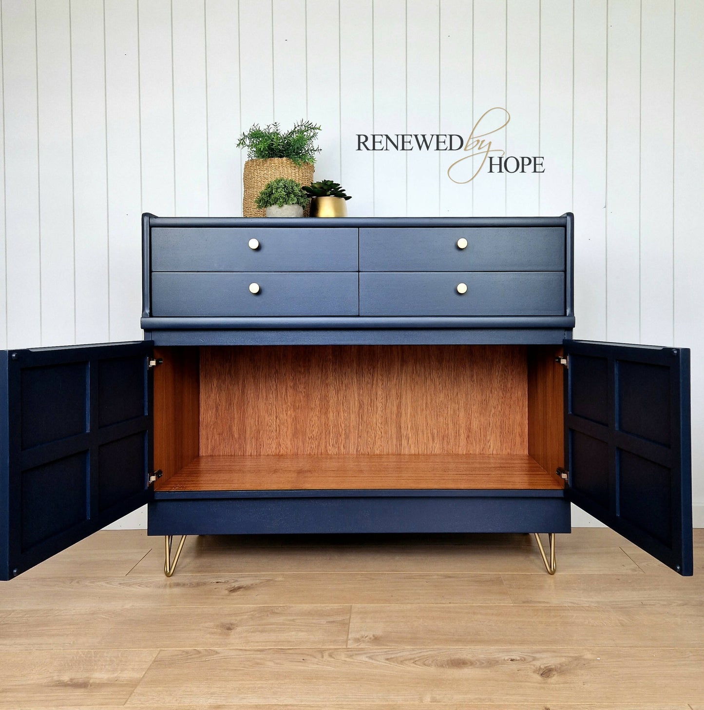 SOLD -Nathan Navy Blue Squares Sideboard Gold Hairpin legs, woven design, MCM Storage