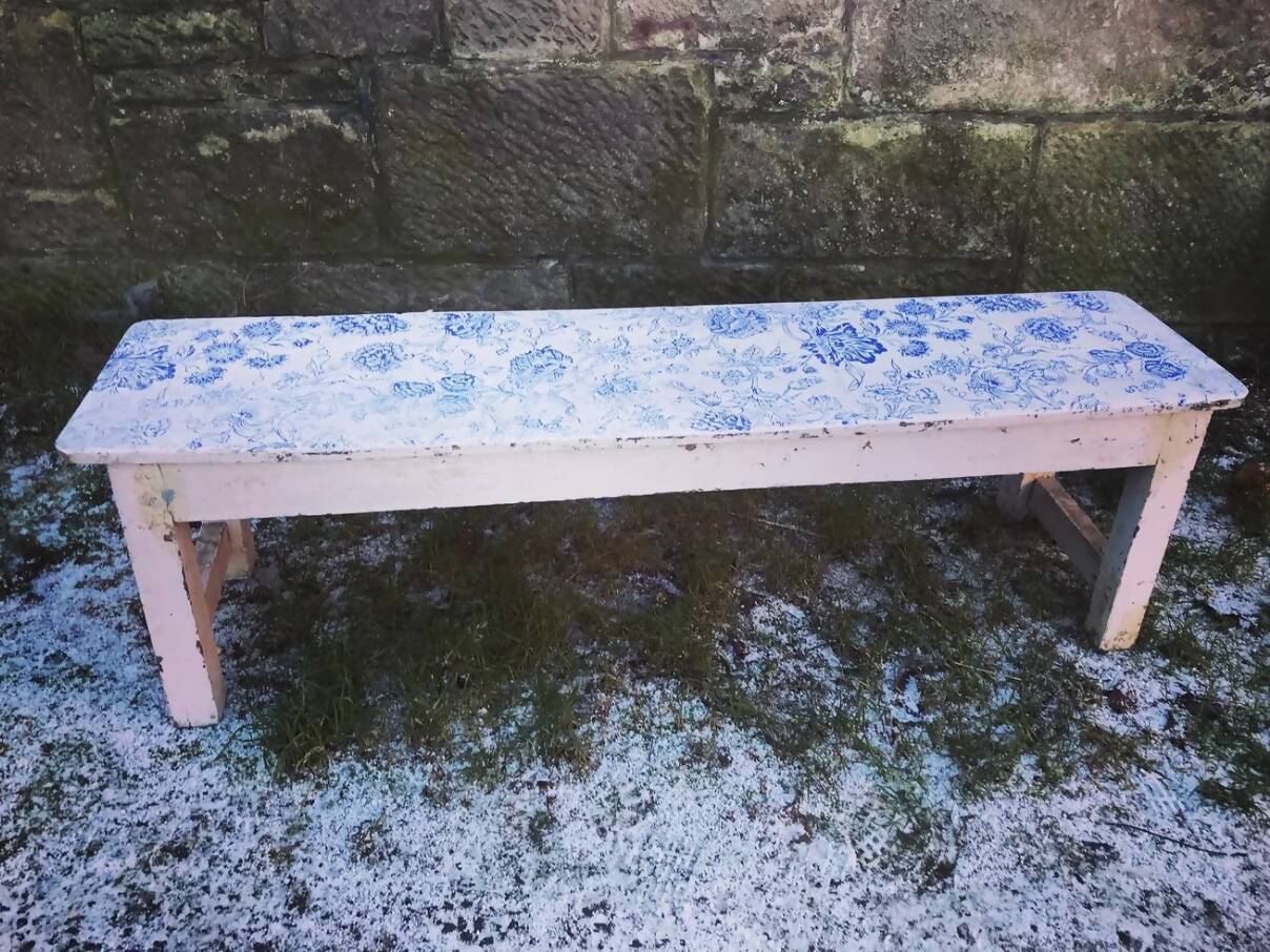 Antique teak 1920's original vintage painted bench in white original paintwork