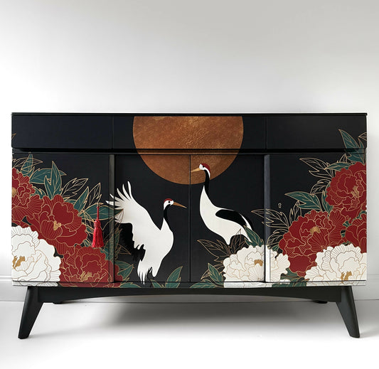 Upcycled Contemporary sideboard floral design Oriental design modern TV stand Painted TV unit Art deco sideboard Drawers and cabinets Chinoiseries