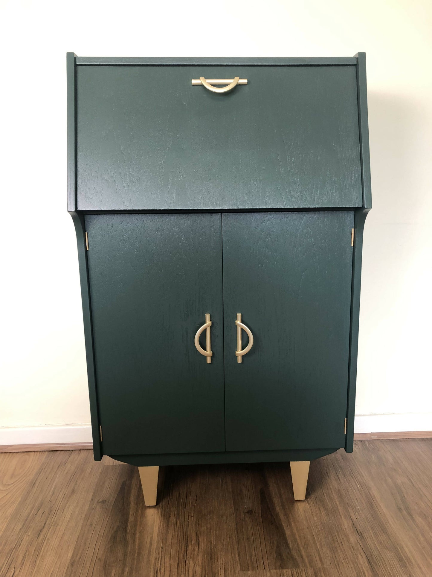 Mid Century Cocktail Cabinet, Drinks Cabinet, Home Bar in British Racing Green and Gold colour