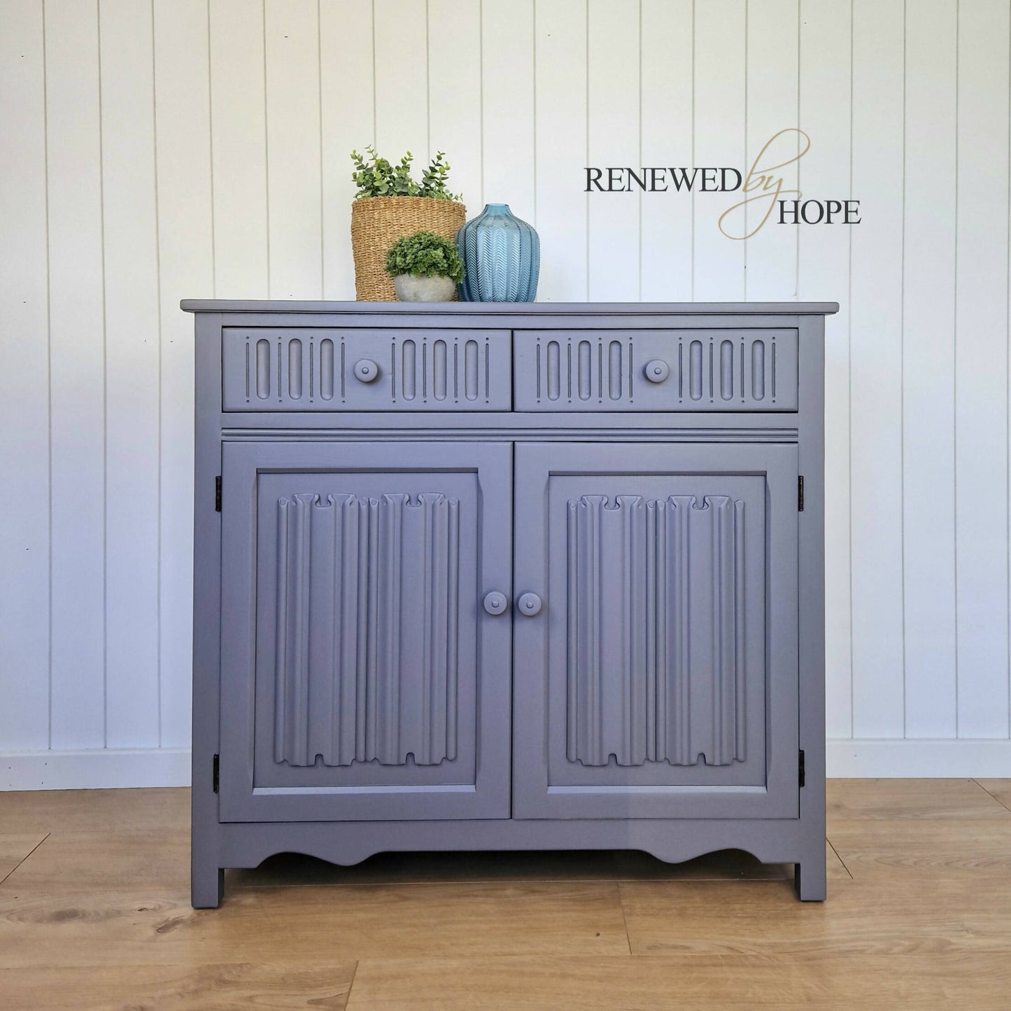 Grey Linenfold Sideboard with Morris Acanthus Wallpaper, Storage, Grey Cupboard