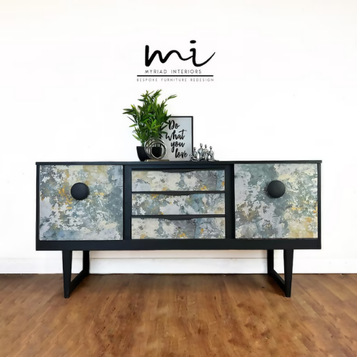 Refurbished mcm sideboard handprinted in dark grey with concrete effect decoupage, drinks cabinet, retro, mid century modern, dresser