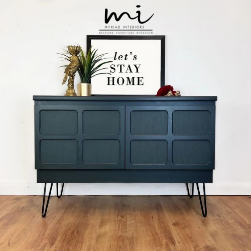 Refurbished mid century modern Nathan sideboard, retro drinks cabinet, TV media cabinet, dark green, decoupaged