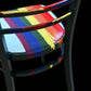 Hand painted school chair with vibrant rainbow stripe seat and gold leaf backrest. Abstract art design.