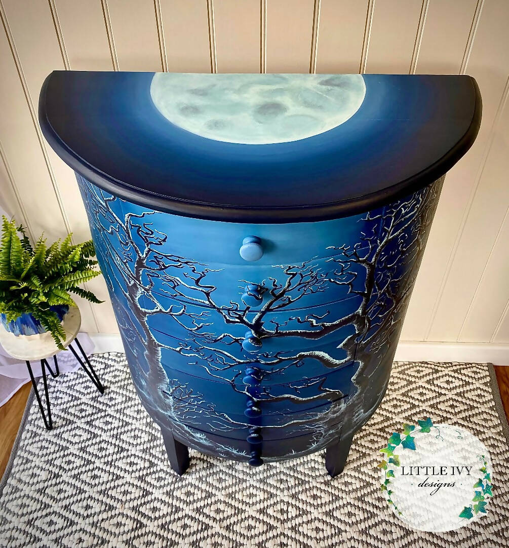 Demi Lune Moonlight Forest Drawers - Free hand painted blue semi circle 7 drawer chest