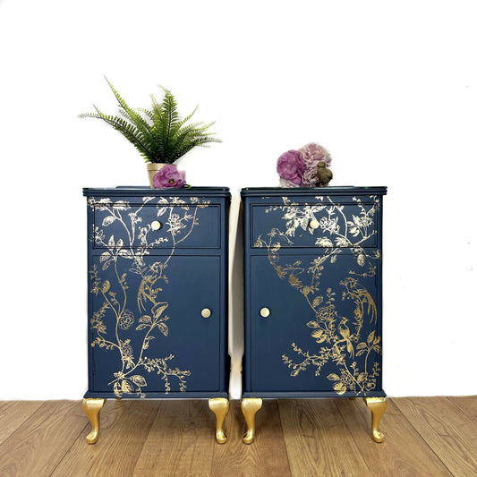 SOLD commissions available Pretty Refurbished vintage bedside tables, navy blue with gold foil design, bird song, art deco nightstands