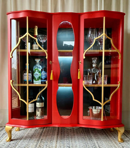 Vintage Cocktail Cabinet, Glass Display Unit, Red Drinks Cabinet, Eastern Inspired Furniture