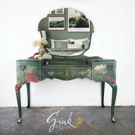 Vintage Green Floral Dressing Table With Mirror