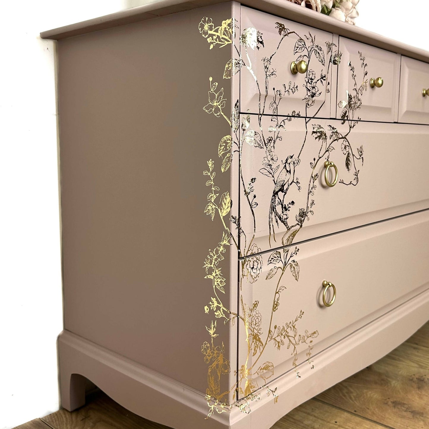 Pretty dusky pink Stag Minstrel Chest of Drawers with gold bird song design, vintage, dresser, blossom, mcm, sideboard
