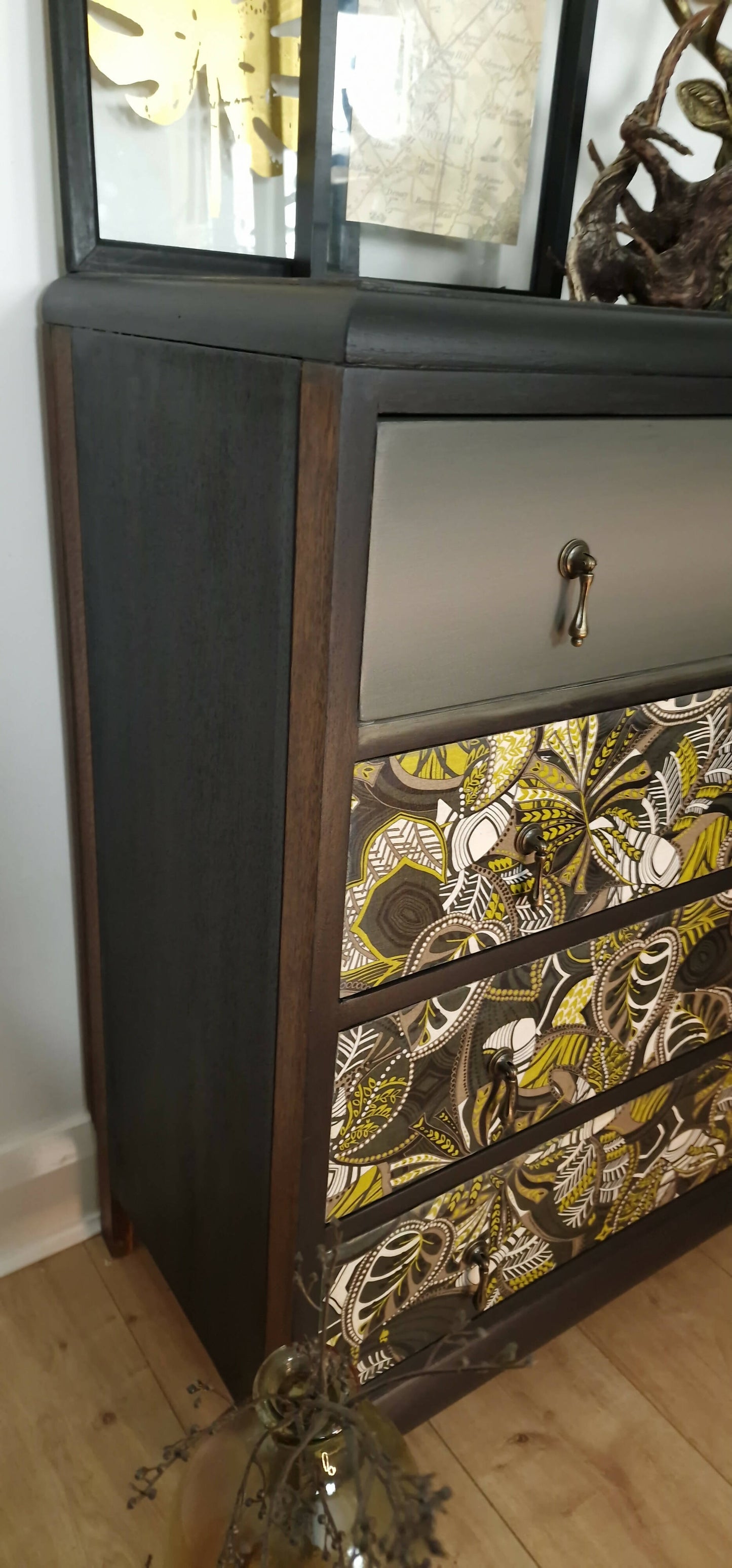 Bespoke Modern Vintage Chest of Drawers Hand painted, Fabric Decoupage Black and Mustard