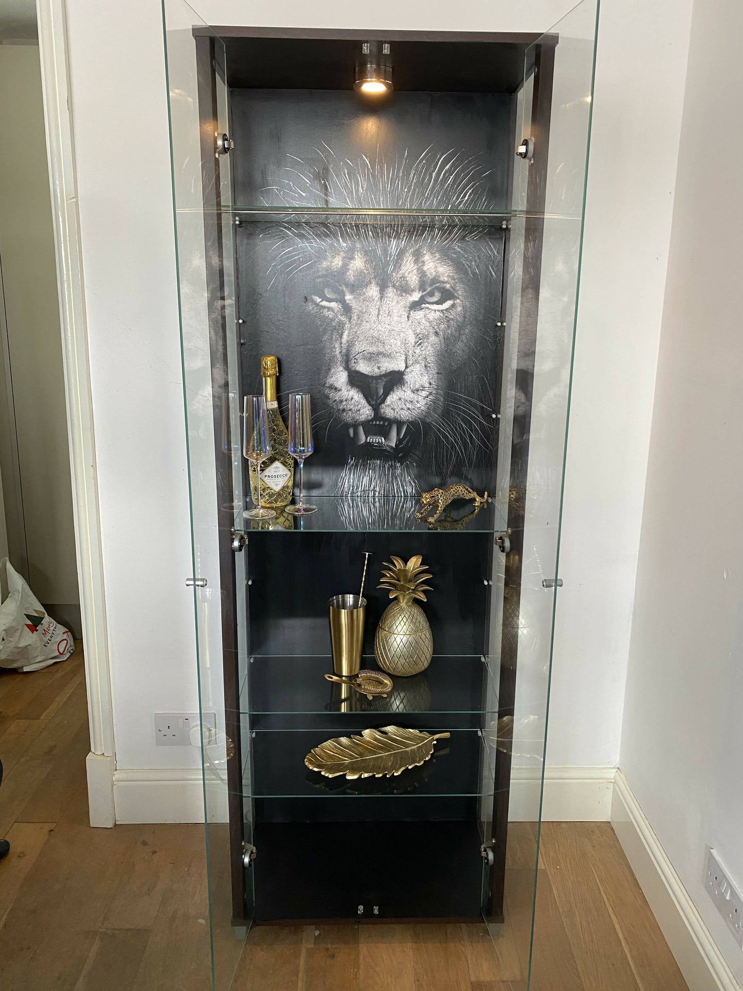 Vintage Glass and Metal ‘Lion’ display/Drinks Cabinet