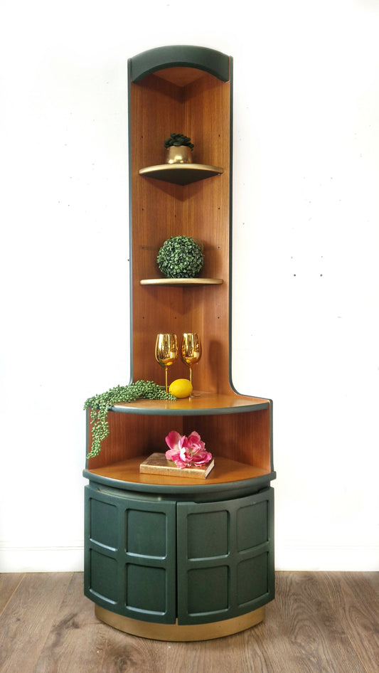 Mid century modern nathan corner unit,drinks cabinet in green and gold