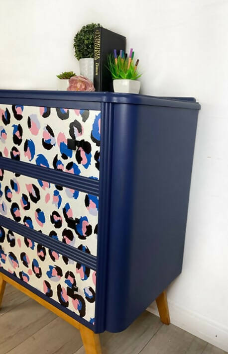 Leopard Print Chest of Drawers in Blue and Pink