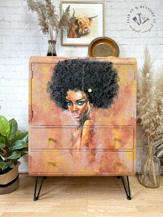 Hand-painted cabinet, Beautiful African Lady, Tallboy, Linen Cupboard, Linen Press, Upcycled Cupboard, Bedroom Storage MADE TO ORDER