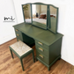 Refurbished vintage Stag Minstrel Dressing table set, mirror, stool, upcycled, olive green, mid century modern