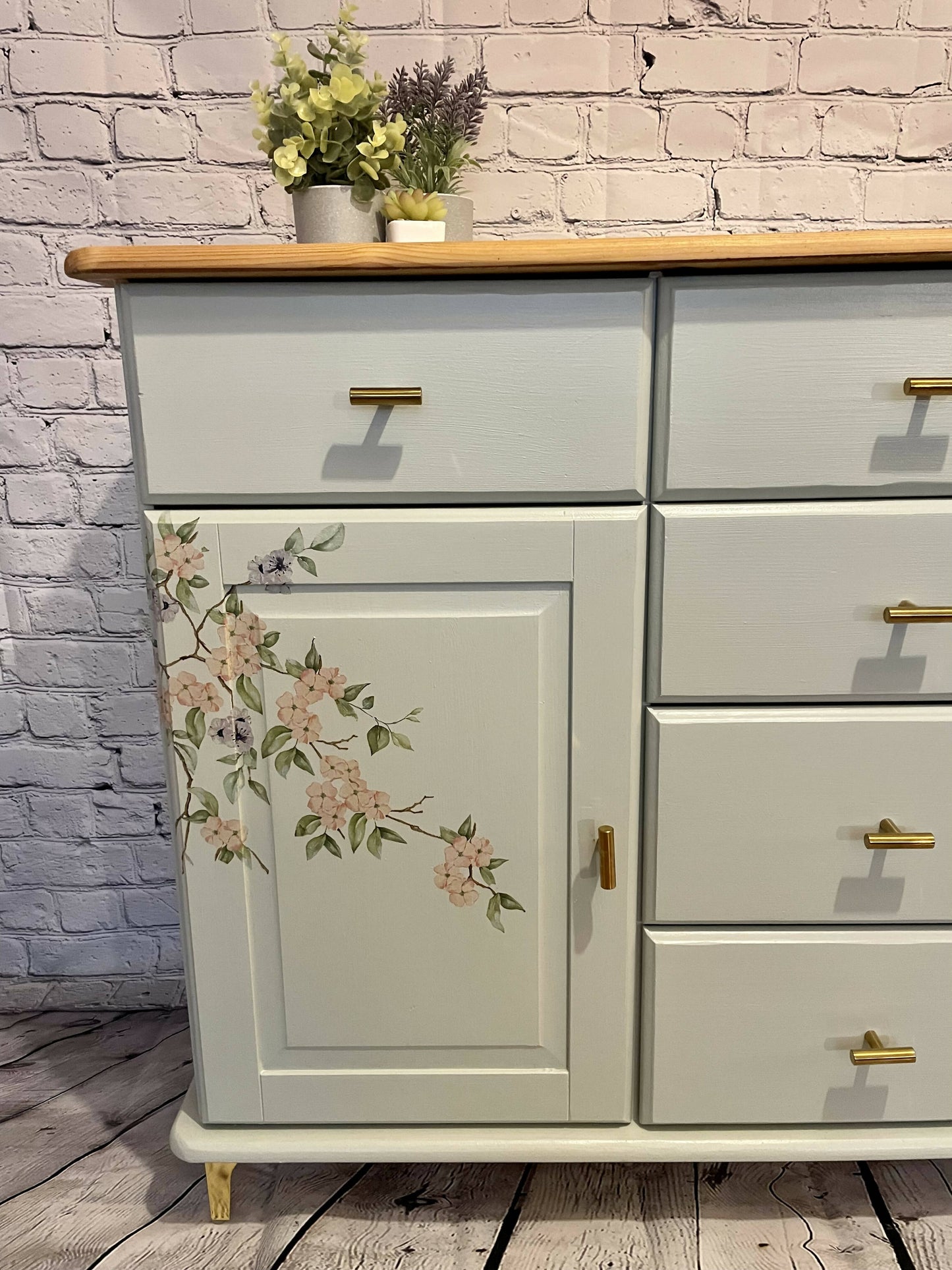 SOLD Hand painted grey/green sideboard with beautiful cherry blossom decoupaged flowers