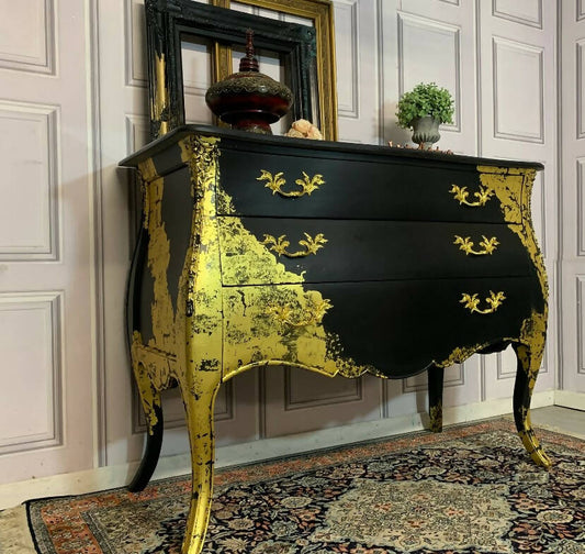 Art Deco Bombay Antique Chest Of Drawers Black and Gold Sideboard Commissions Open Gold Leaf