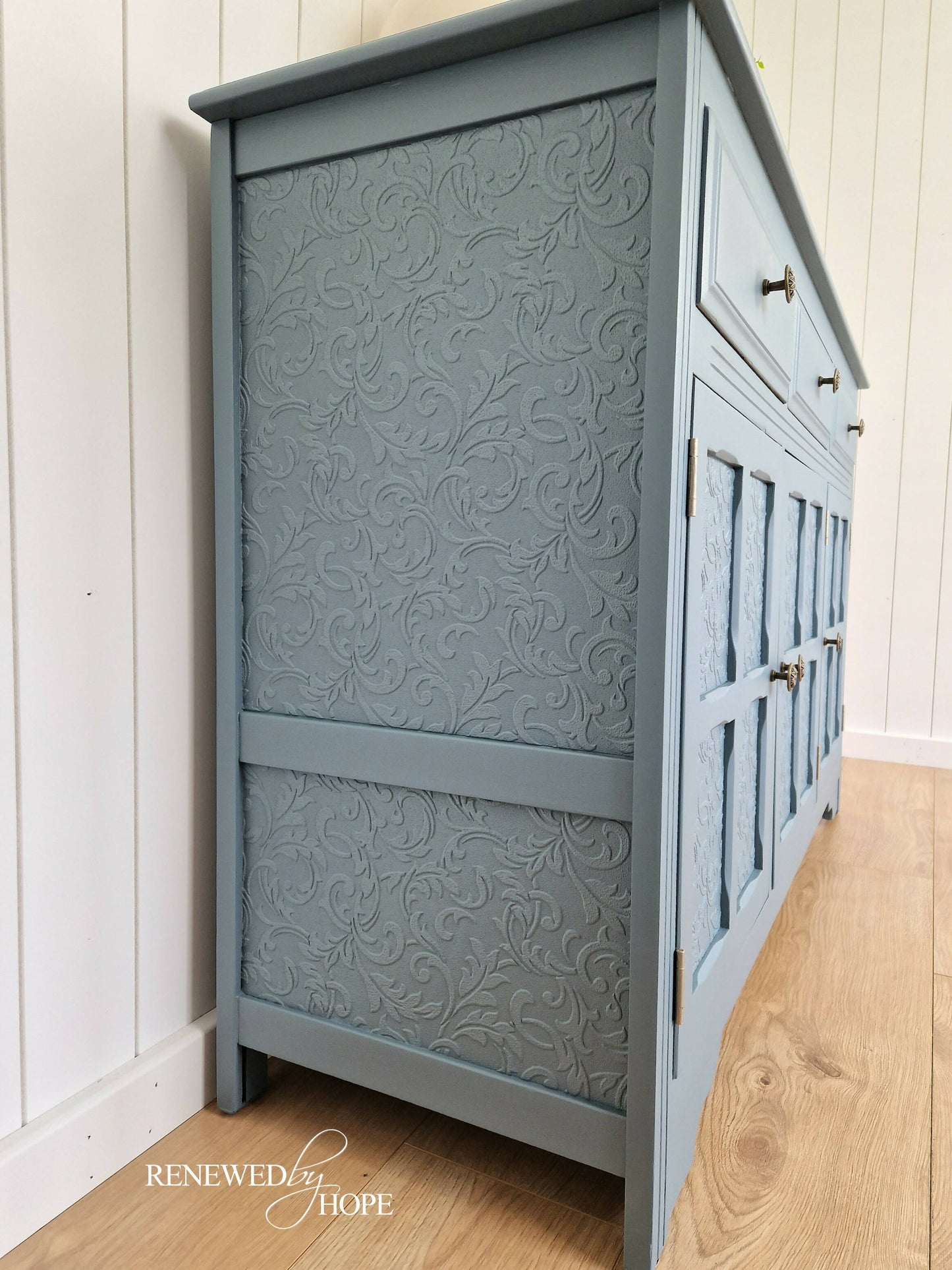 Dusky Blue Antique Panelled Oak Sideboard, with raised pattern detail.