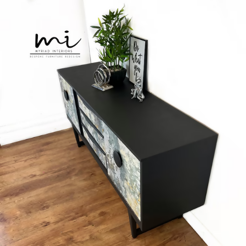 Refurbished mcm sideboard handprinted in dark grey with concrete effect decoupage, drinks cabinet, retro, mid century modern, dresser