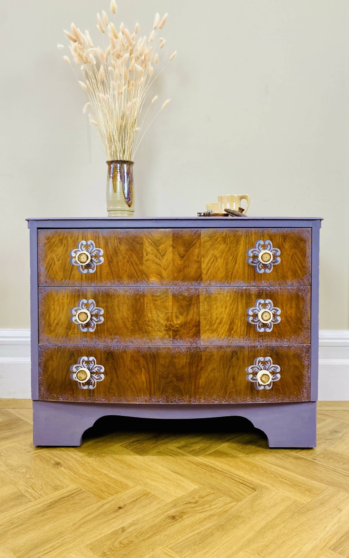 Chest of drawers. Bespoke purple mix with beautiful hand painted flower detail. Unique wooden handles